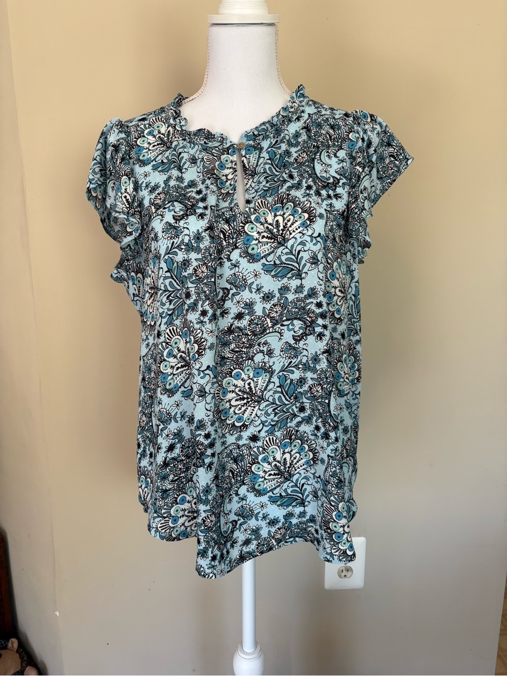 LOFT Aqua and Black Floral Ruffle Sleeve Blouse
